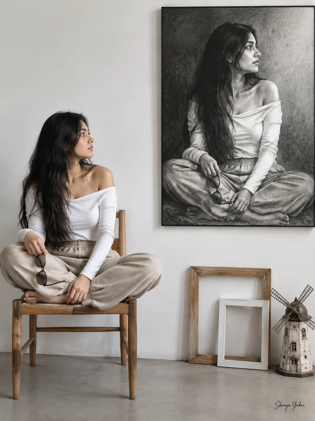 Barefoot Cross Legged Portrait on a Wooden Chair