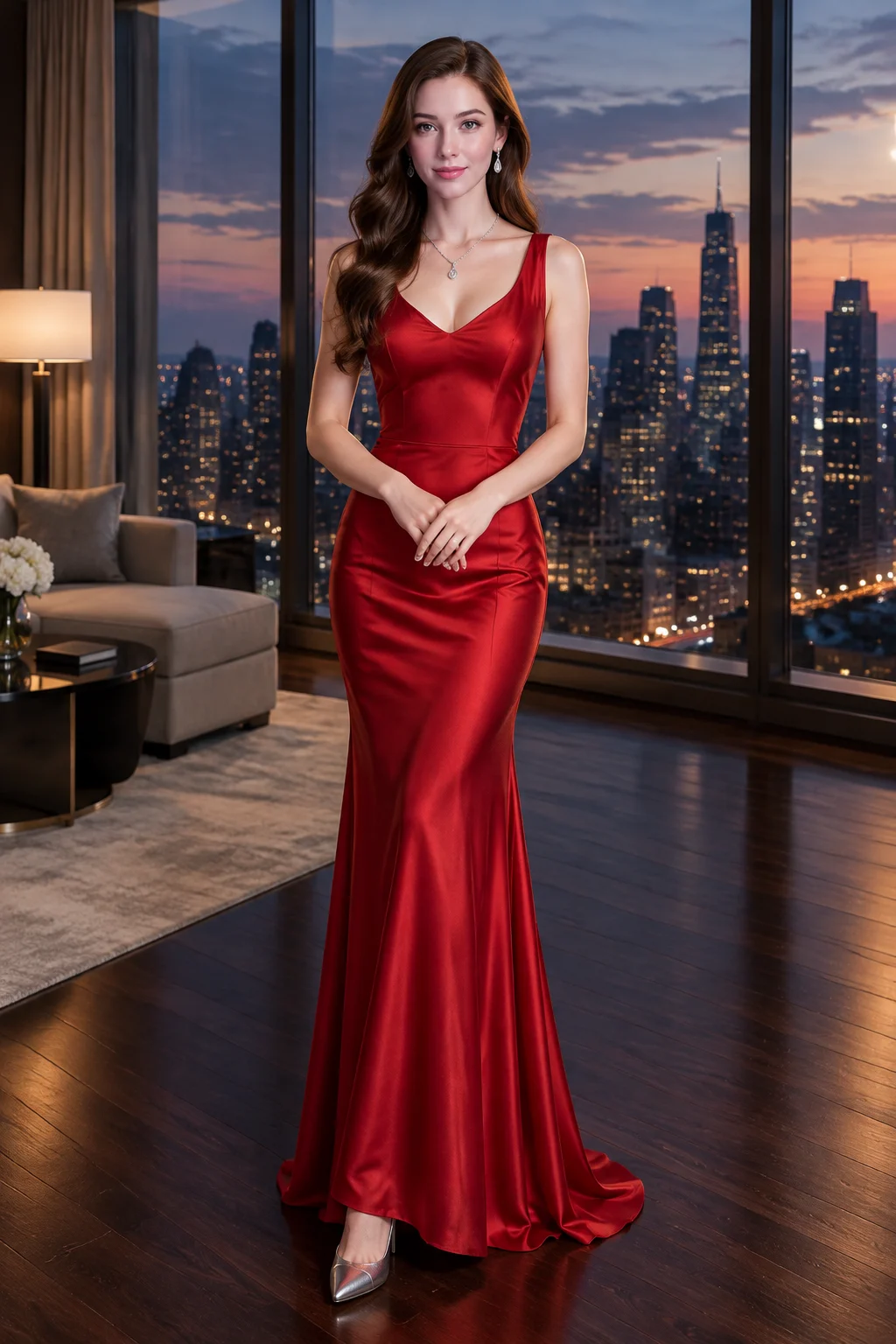 Red Dress Portrait in a Twilight Penthouse