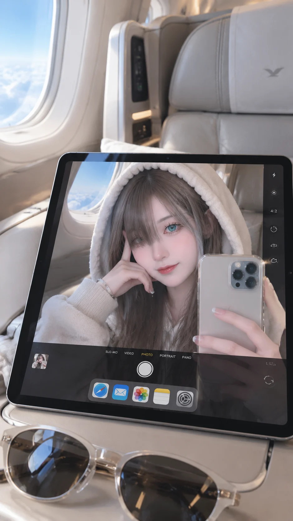 Quiet Reflection Selfie in an Airplane Cabin