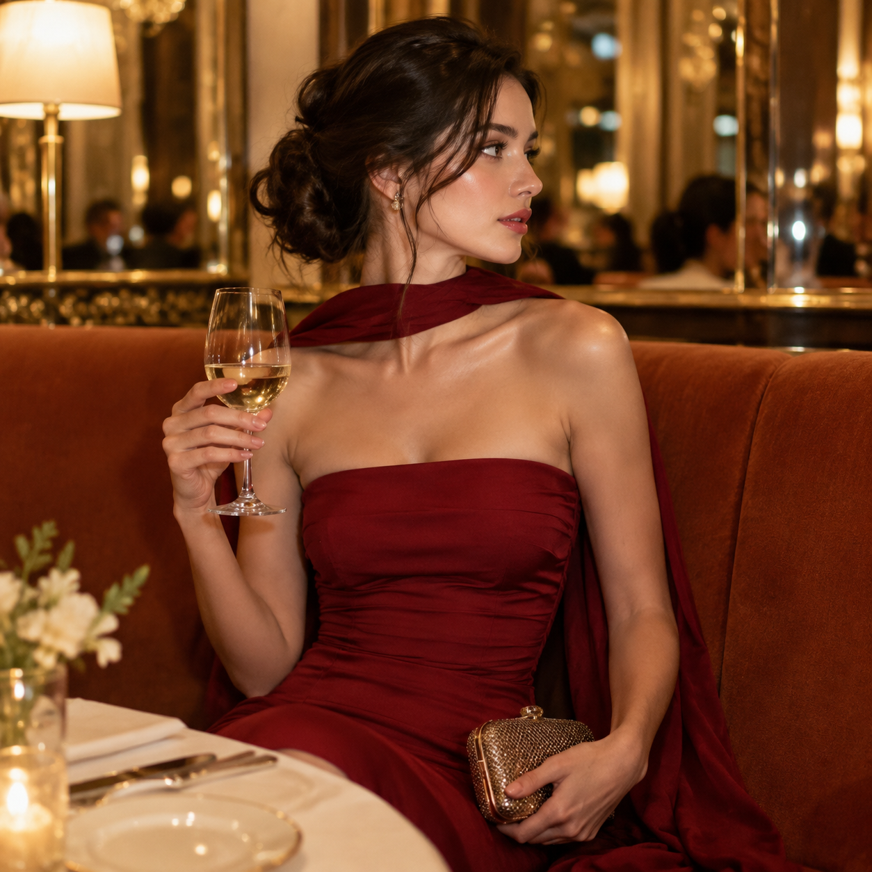 Crimson Dress Portrait with White Wine