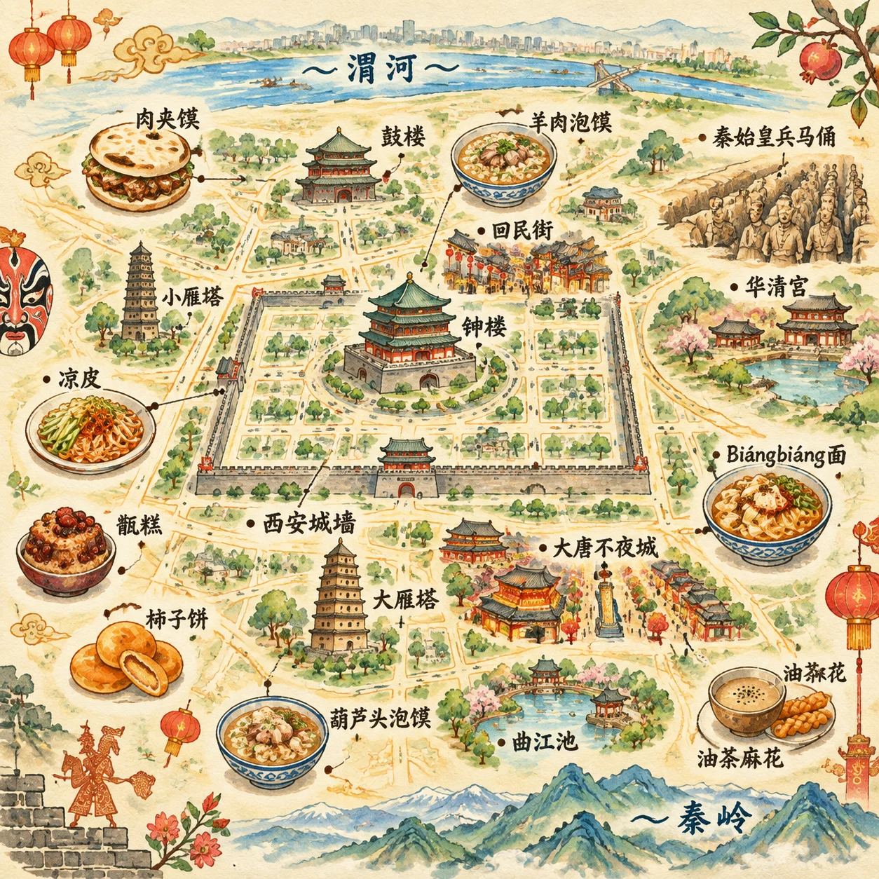 西安长安风物美食手绘地图