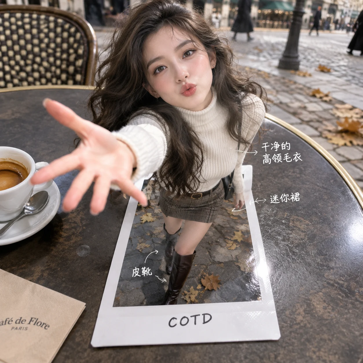 Paris Cafe Portrait Breaking Out of a Polaroid
