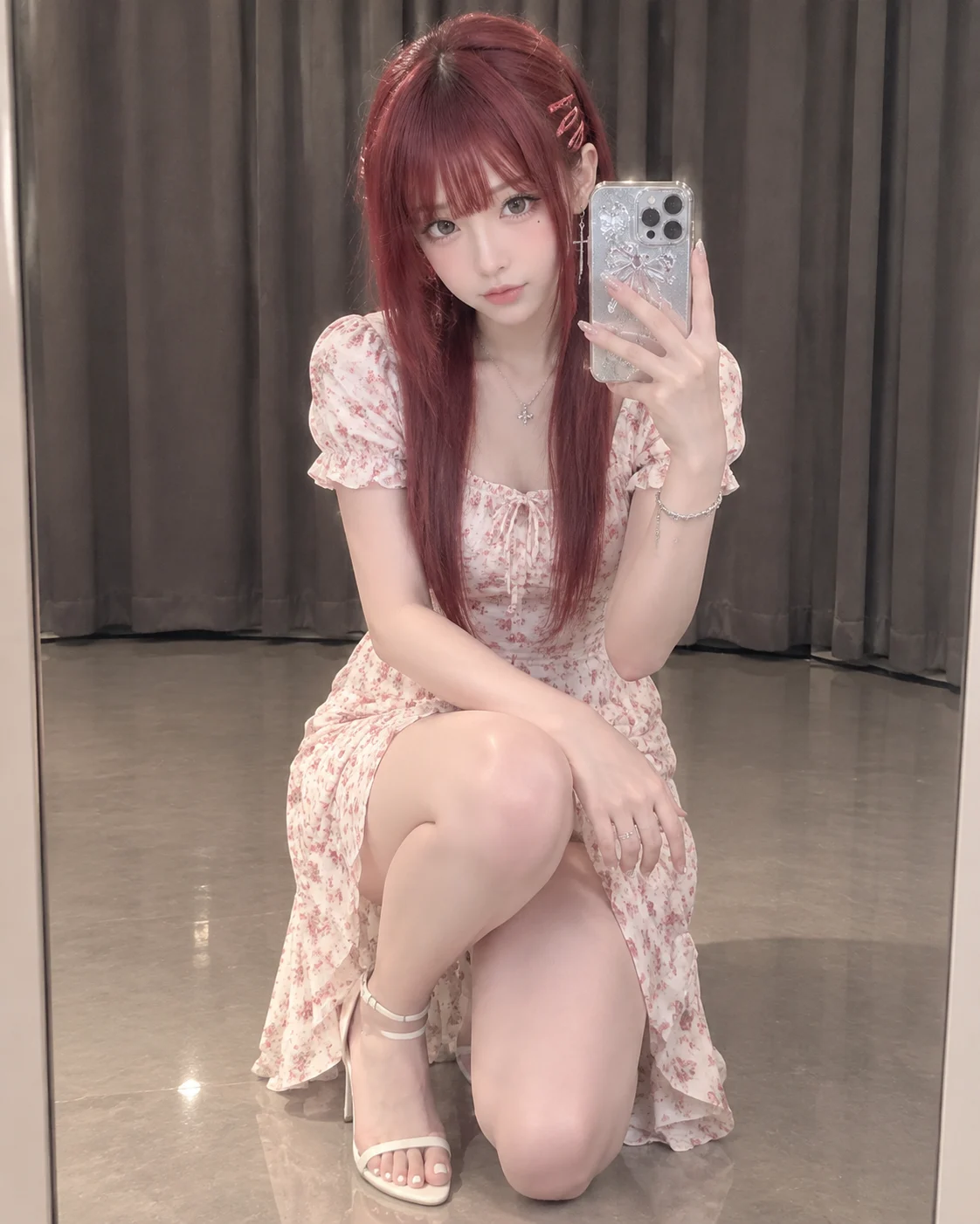 Floral Dress Crouching Mirror Selfie