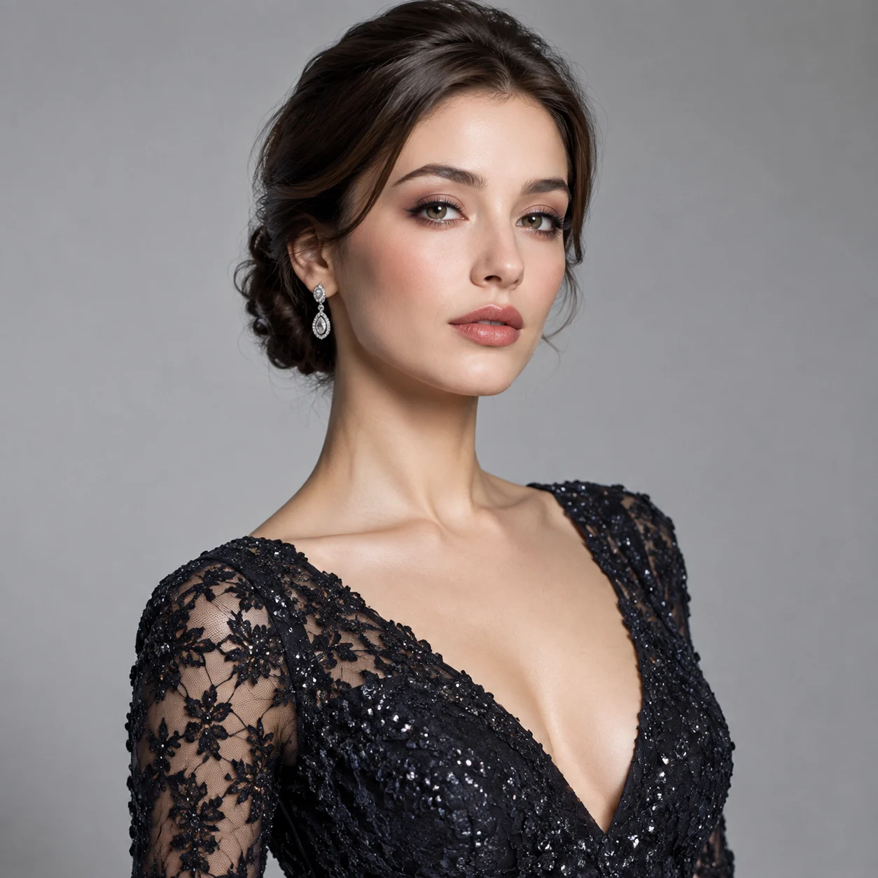 Lace Evening Gown in a Gray Studio