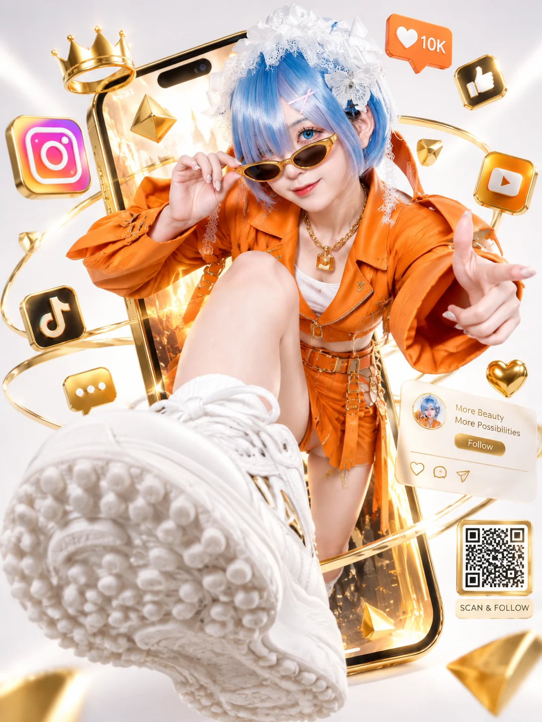 金色手机屏幕破界的女性商业海报