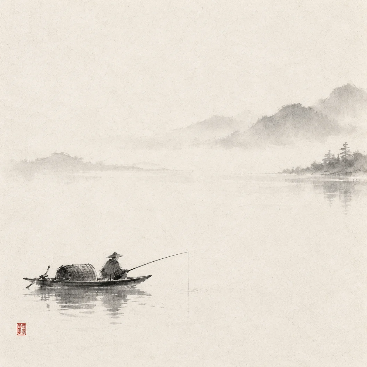 Solitary Fisherman in Minimalist Ink Wash