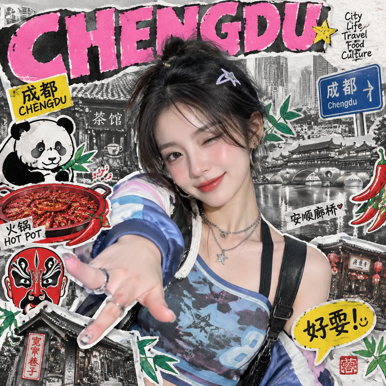 Chengdu Y2K Paper Collage Portrait Poster