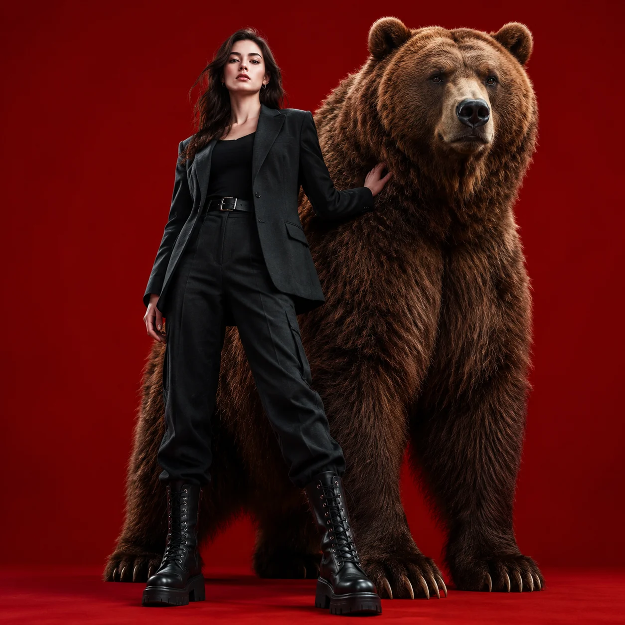 Giant Bear Guardian against a Red Backdrop