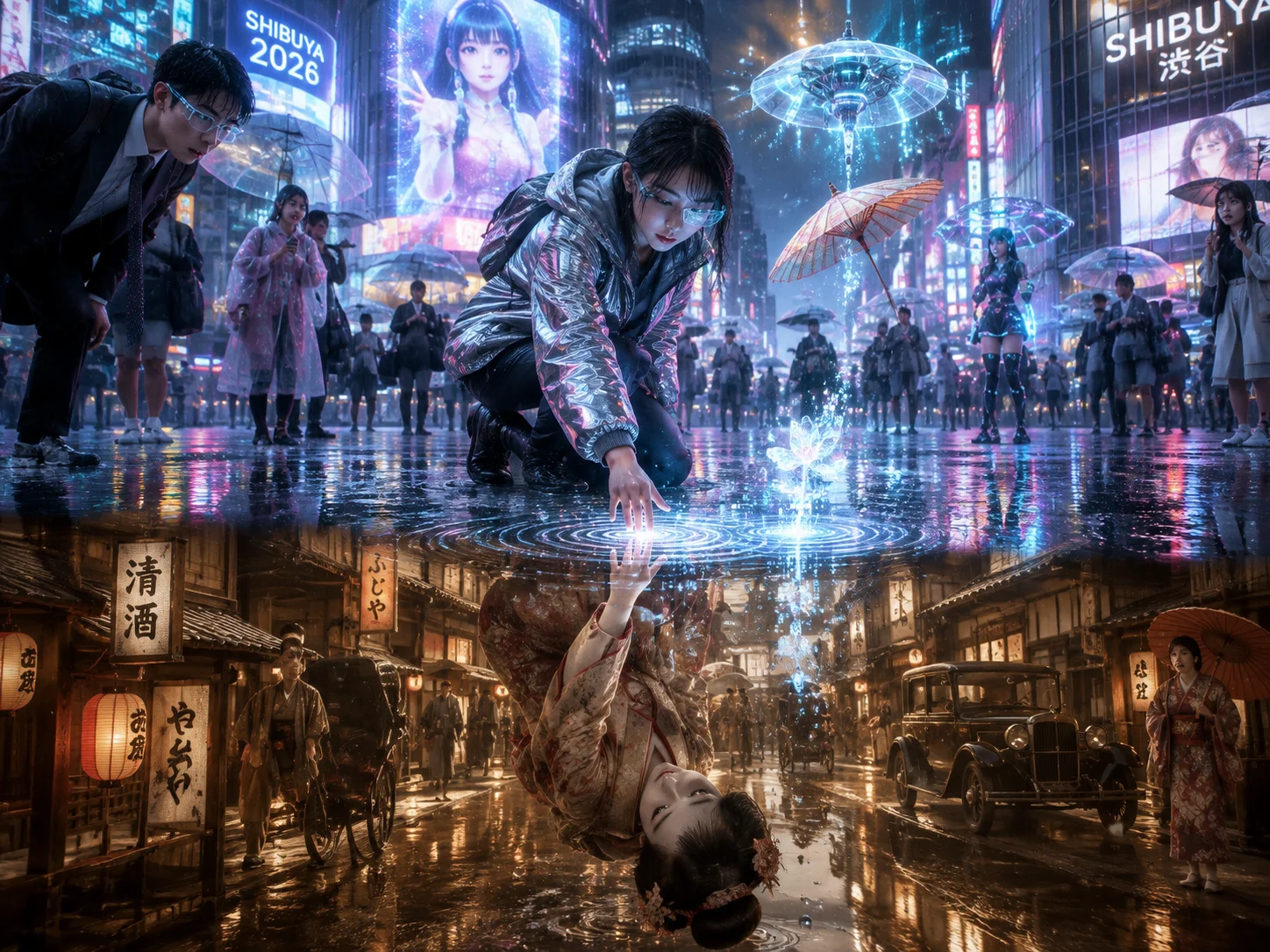 A Century Reflected in Rainy Shibuya