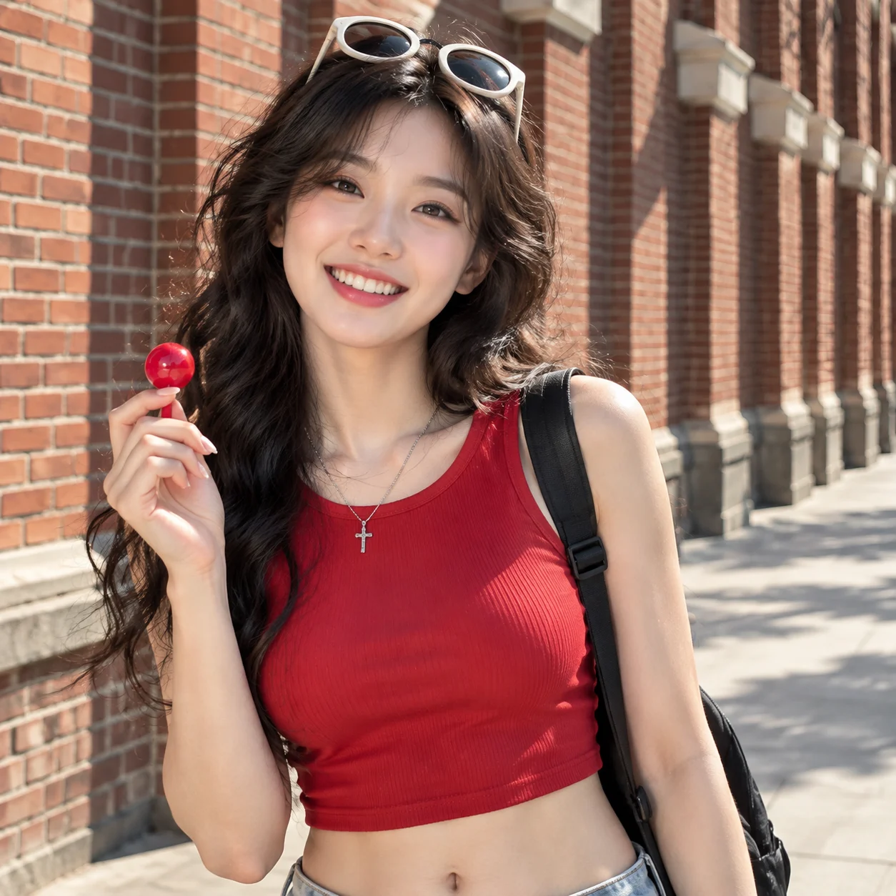 Bright Smile against a Sunlit Brick Wall