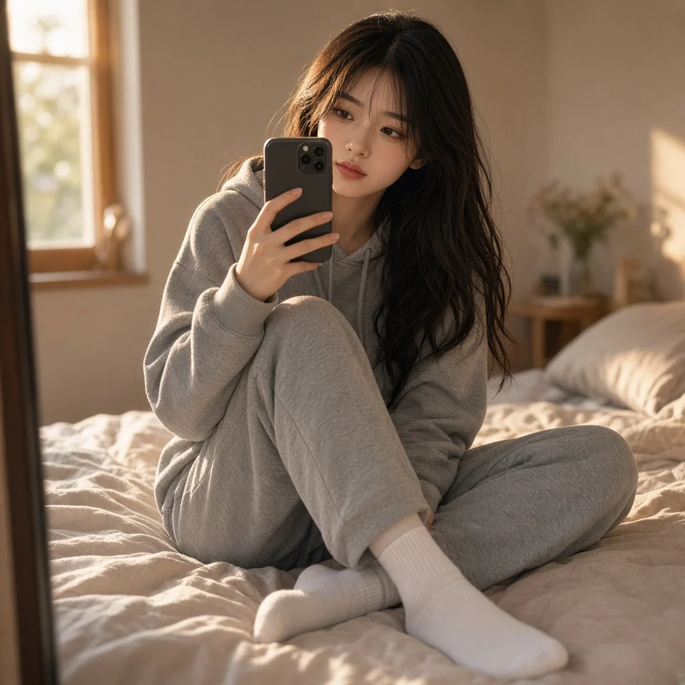 温馨卧室里的少女自拍