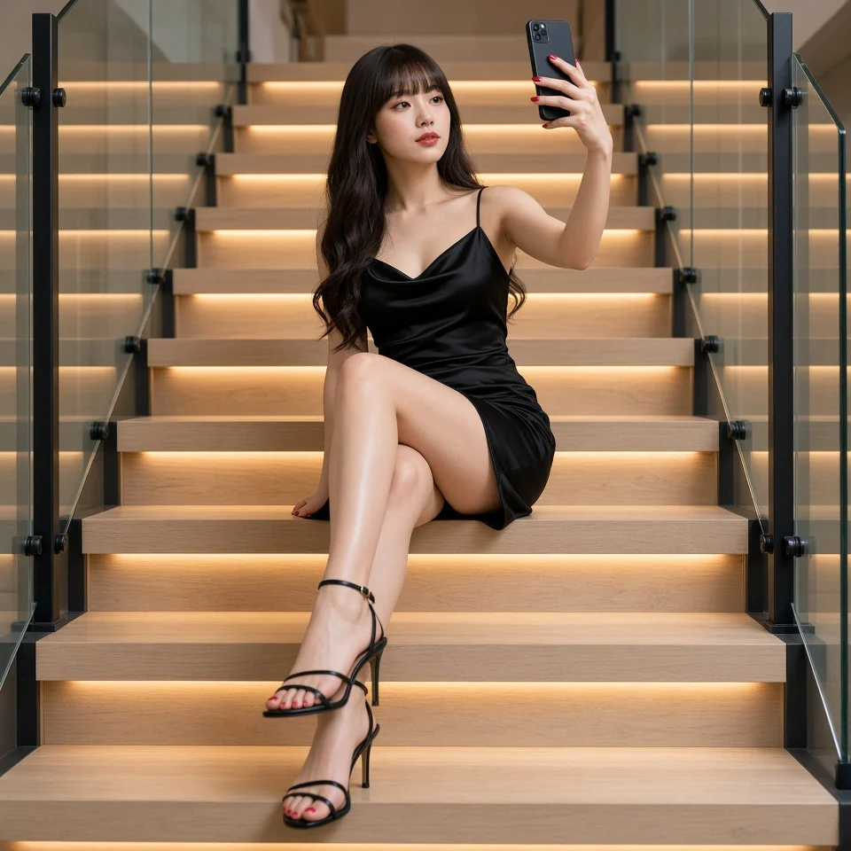 Black Satin Selfie on a Warm Lit Staircase
