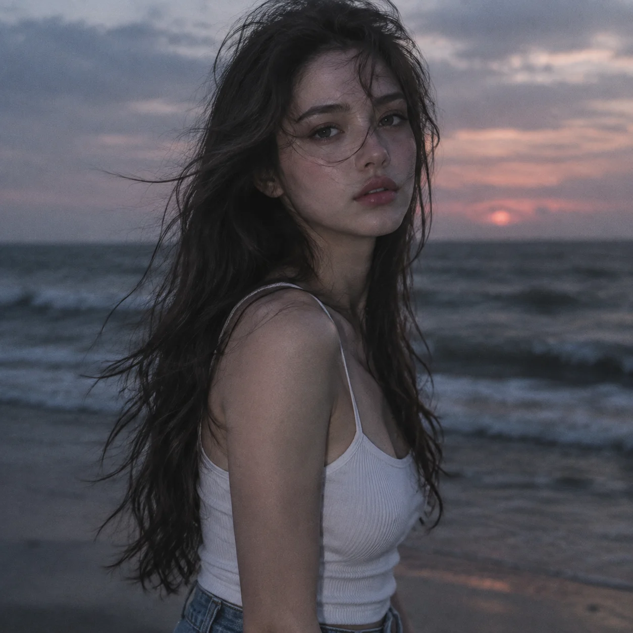Melancholic Portrait in the Evening Sea Breeze