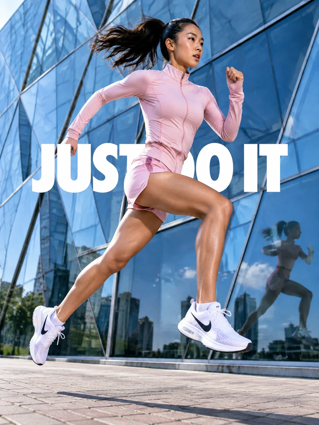 Midair Running against a Glass City Facade