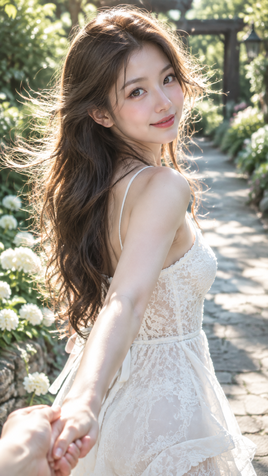 夏日逆光中牵手回眸的花园少女写真