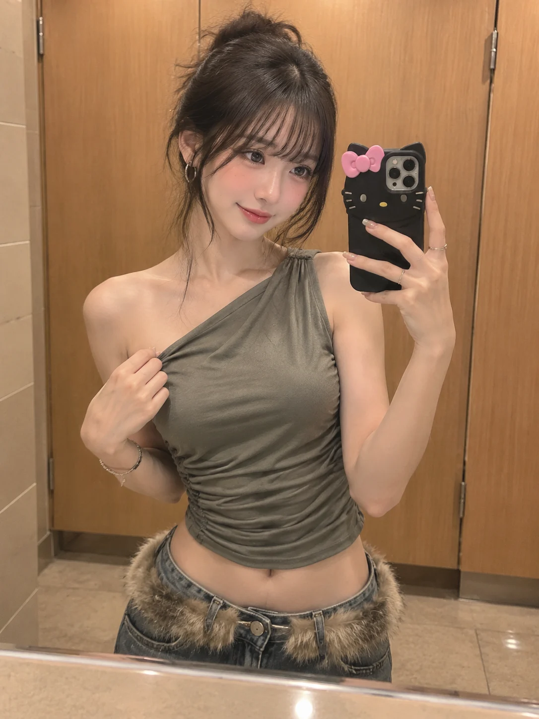 Korean Style Mirror Selfie in a Wood Dressing Room