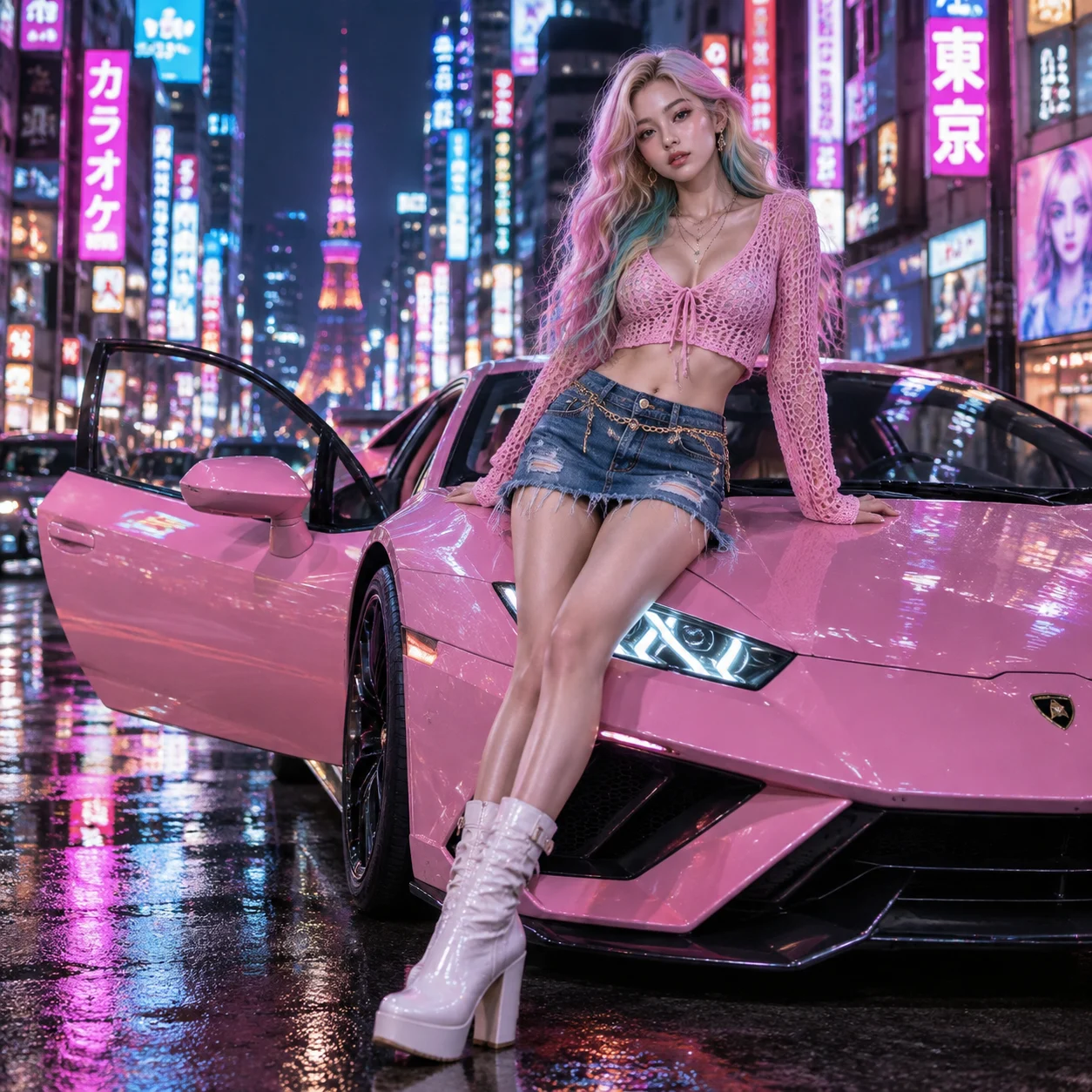 Pink Sports Car Portrait in Tokyo Neon