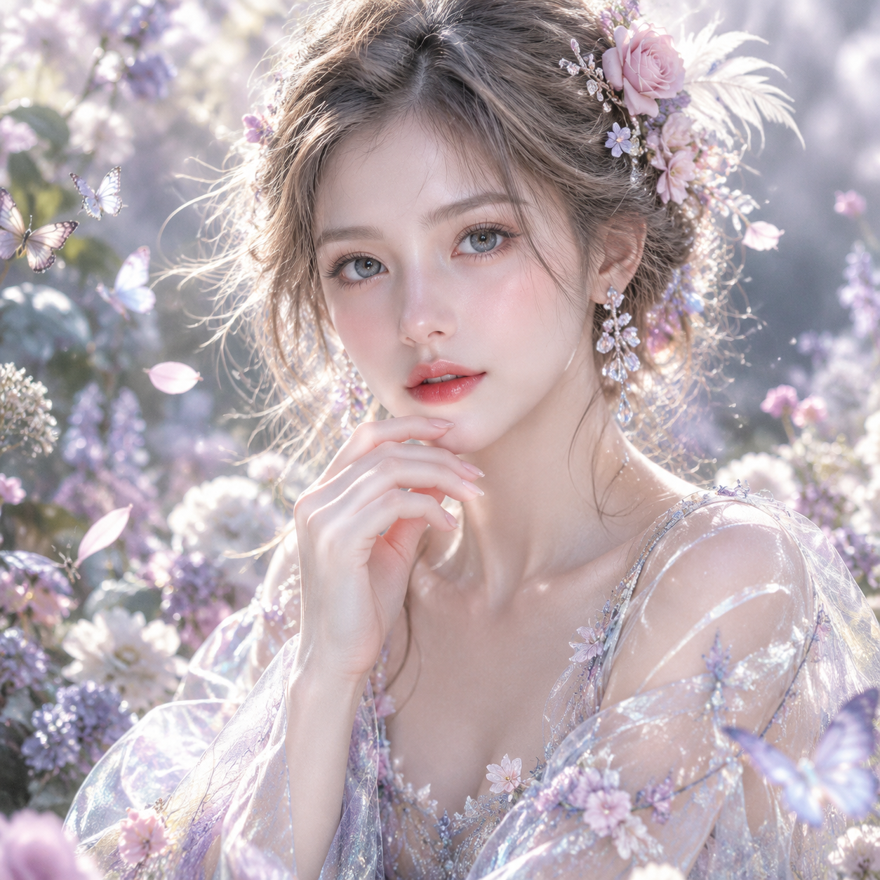晨光花园中佩戴玫瑰水晶发饰的梦幻女子