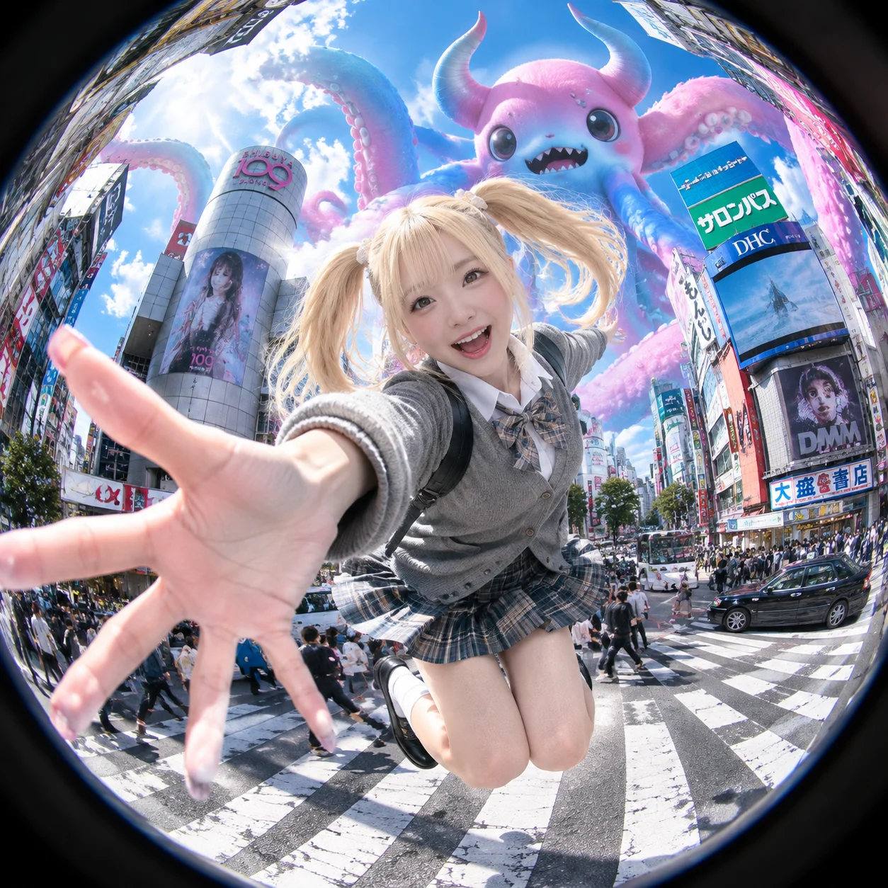 Fisheye Monster Encounter above Shibuya