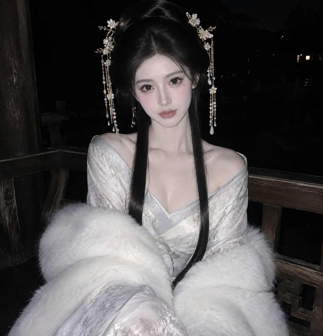 Chinese Garden Night Portrait with a Plush Shawl