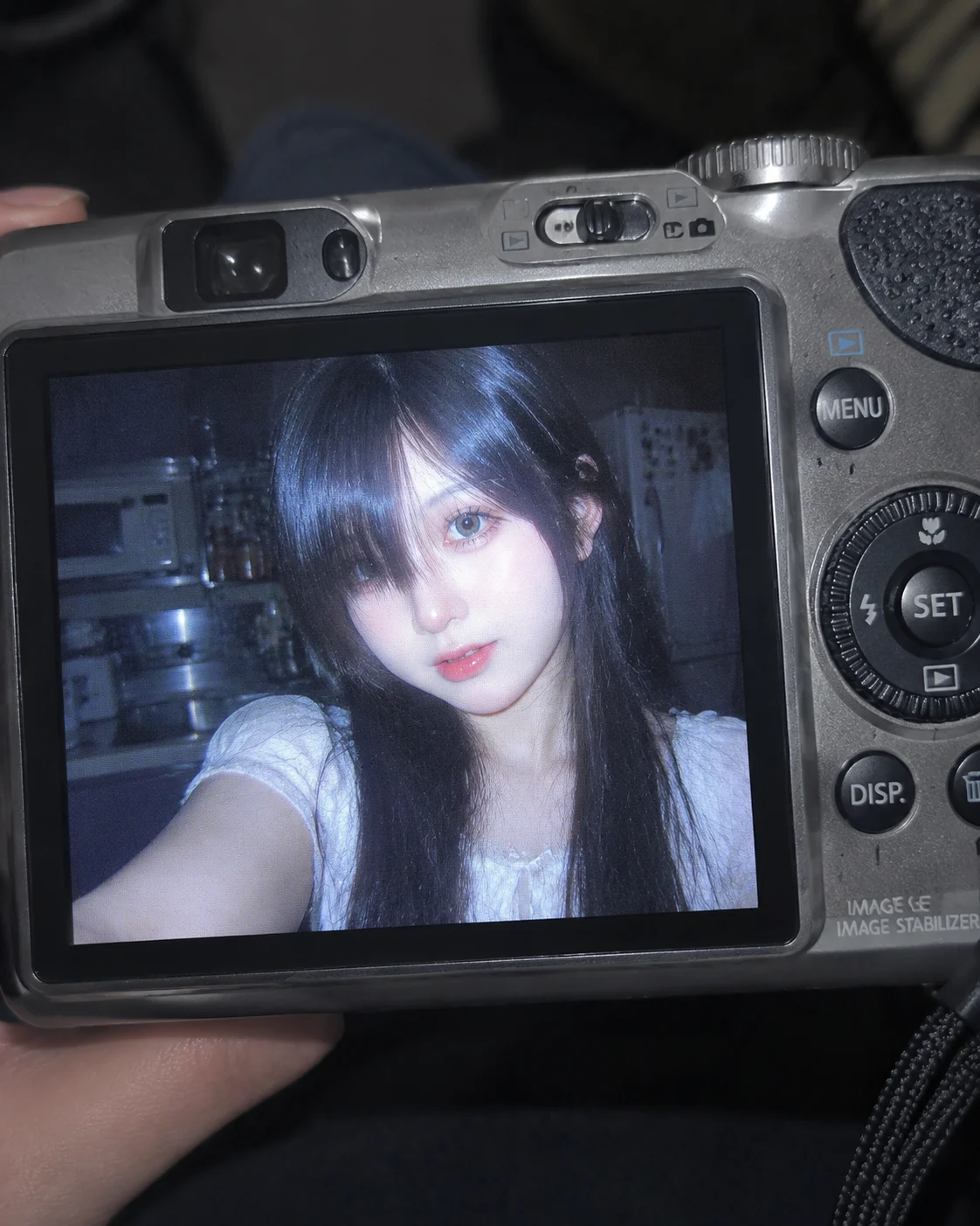 Night Flash Portrait on an Early Digital Camera Screen