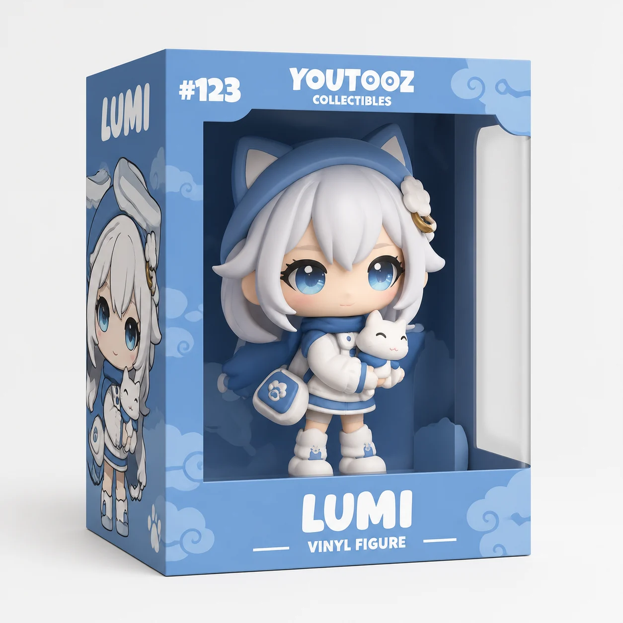 A collectible figure displayed inside a blue windowed box